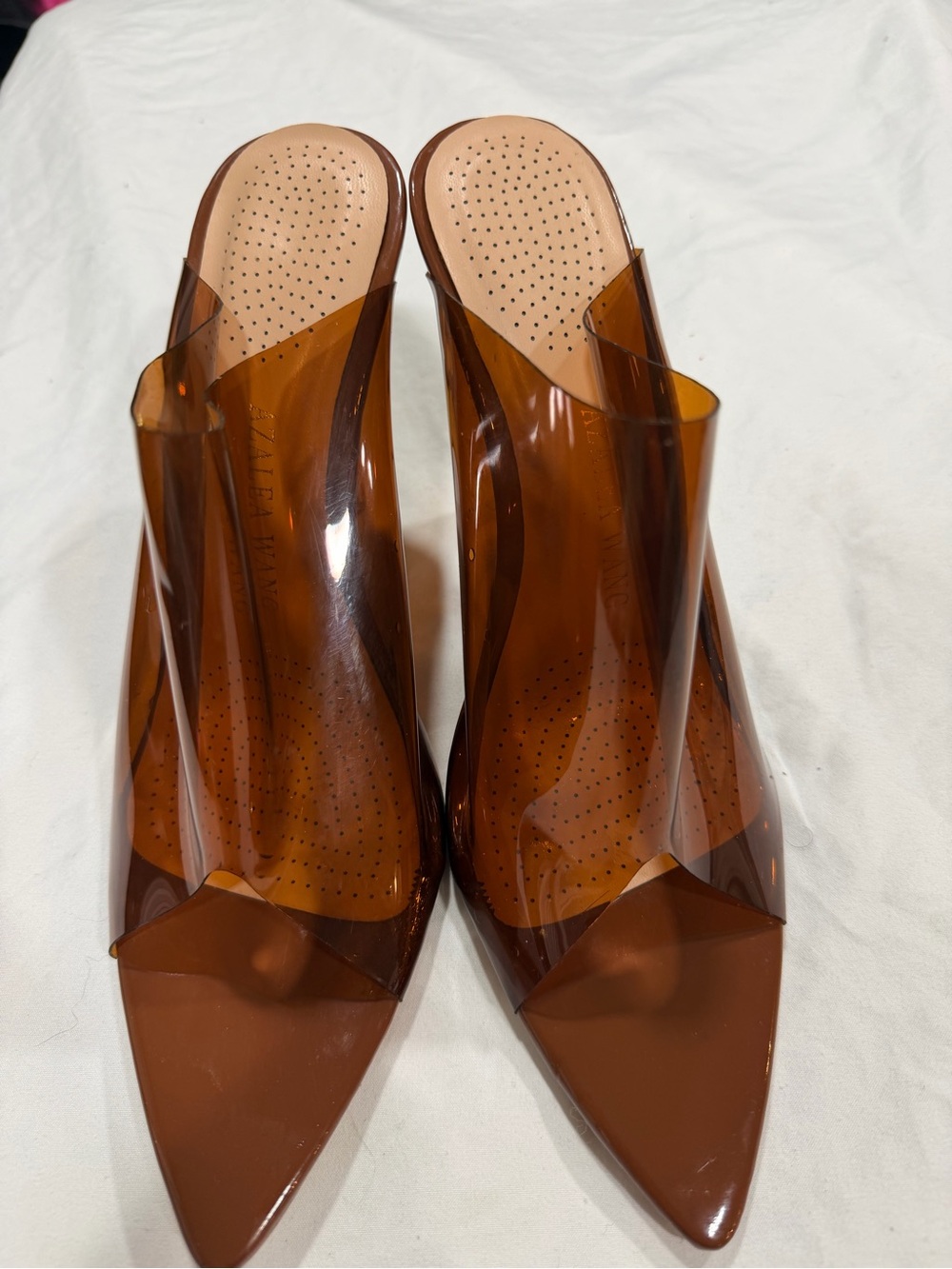 AKIRA Amber Brown Pointed Toe Vinyl Slide Heels - Picture 1 of 4